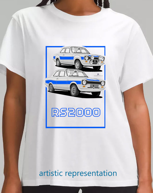 Ford Escort Mk1 RS2000 in Silver & Blue T Shirt (Words)