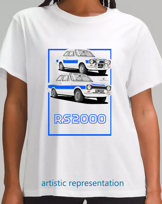 Ford Escort Mk1 RS2000 in White & Blue T Shirt (Words)