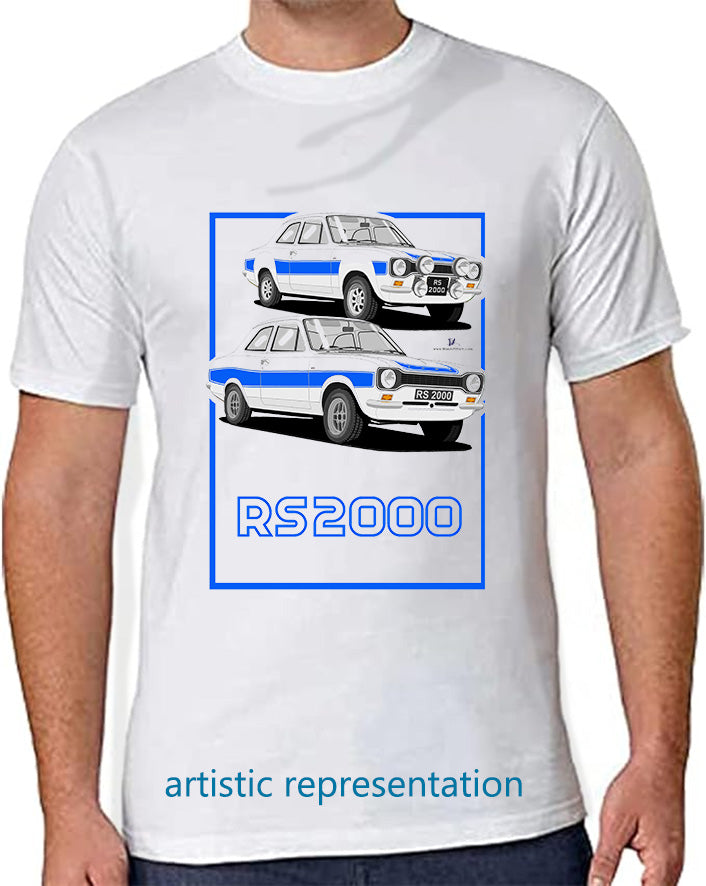 Ford Escort Mk1 RS2000 in White & Blue T Shirt (Words)