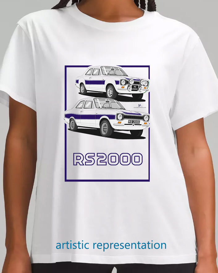 Ford Escort Mk1 RS2000 in White & Navy T Shirt (Words)