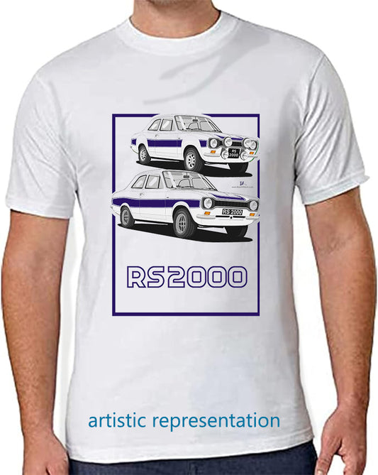 Ford Escort Mk1 RS2000 in White & Navy T Shirt (Words)