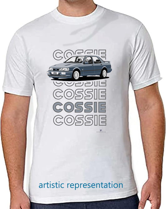 Ford Sierra Sapphire RS Cosworth 4x4 in Blue Art T Shirt (Words)