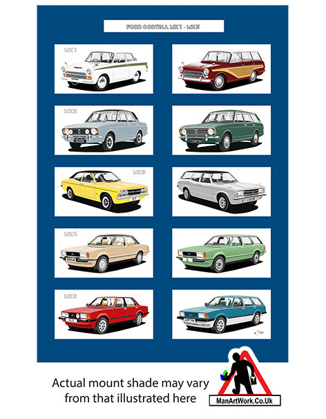 Ford Cortina Mk1, Mk2, Mk3, Mk4 & Mk5 A4 Art Print
