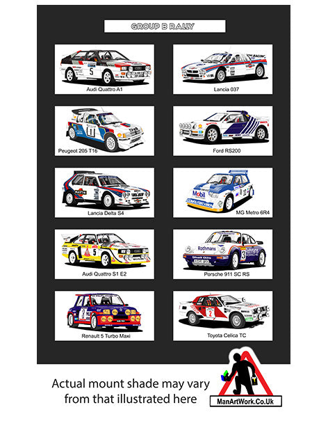 Group B Rally cars A4 Art Print : Delta, 6R4, 205 T16, RS200, Quattro