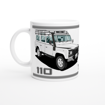 Land Rover Defender 110 TD5 12 seater in White  Art Mug