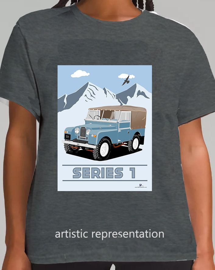 Land Rover Series 1 in Light Blue (Mountains)  Art T Shirt