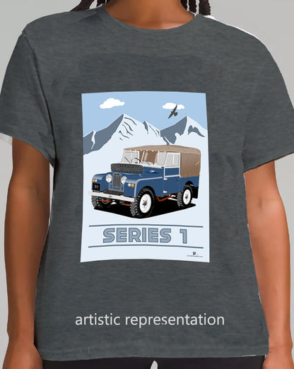 Land Rover Series 1 in Mid Blue (Mountains)  Art T Shirt