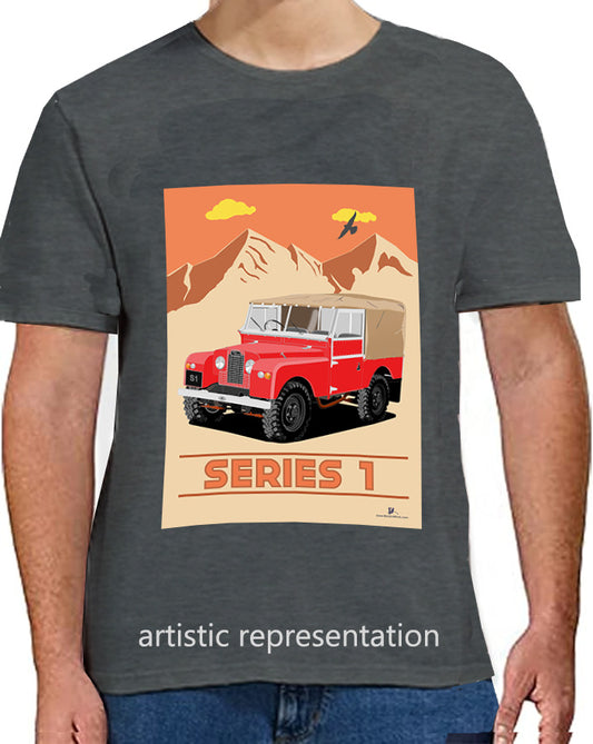 Land Rover Series 1 in  Red (Mountains)  Art T Shirt