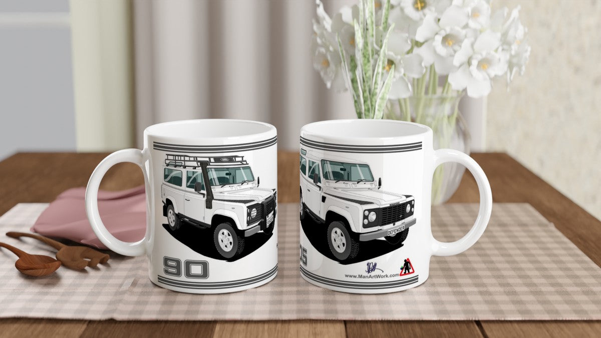 Land Rover Defender TD5 90 7 seater in White  Art Mug