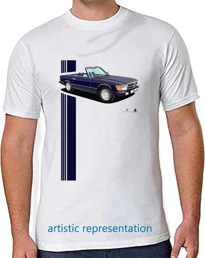 Mercedes SL (R107) in Blue and Blue T Shirt