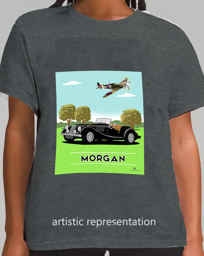 Morgan Plus 8 in Black with Spitfire Art T Shirt