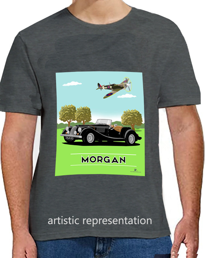 Morgan Plus 8 in Black with Spitfire Art T Shirt