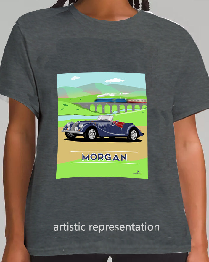 Morgan Plus 8 in Blue with Train Art T Shirt