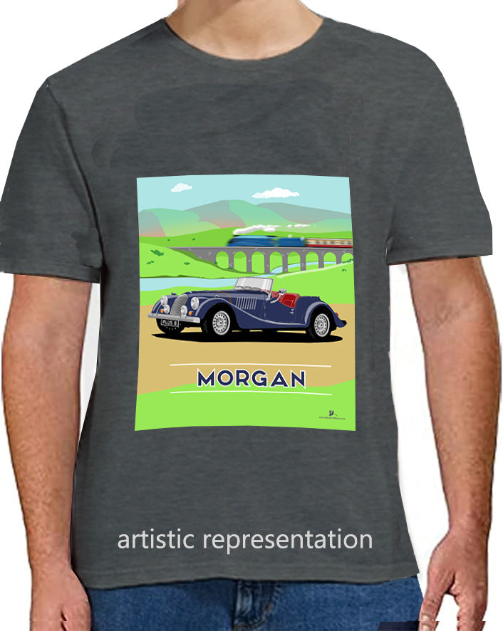 Morgan Plus 8 in Blue with Train Art T Shirt