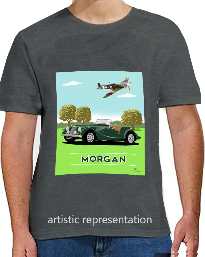 Morgan Plus 8 in Green with Spitfire Art T Shirt