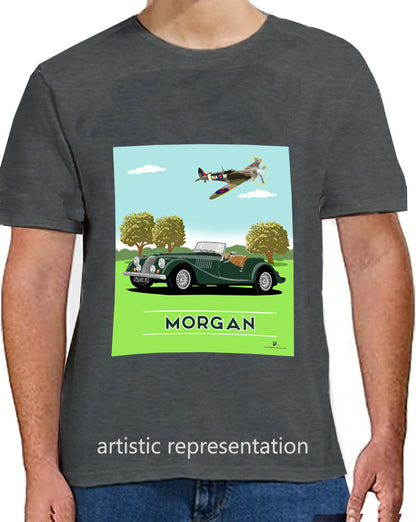 Morgan Plus 8 in Green with Spitfire Art T Shirt