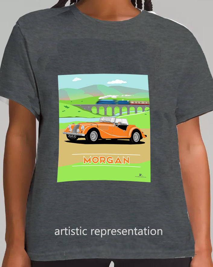 Morgan Plus 8 in Orange with Train Art T Shirt