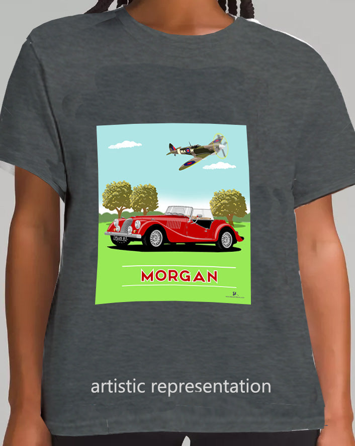 Morgan Plus 8 in Red with Spitfire Art T Shirt