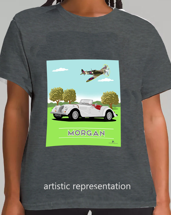 Morgan Plus 8 in Silver with Spitfire Art T Shirt