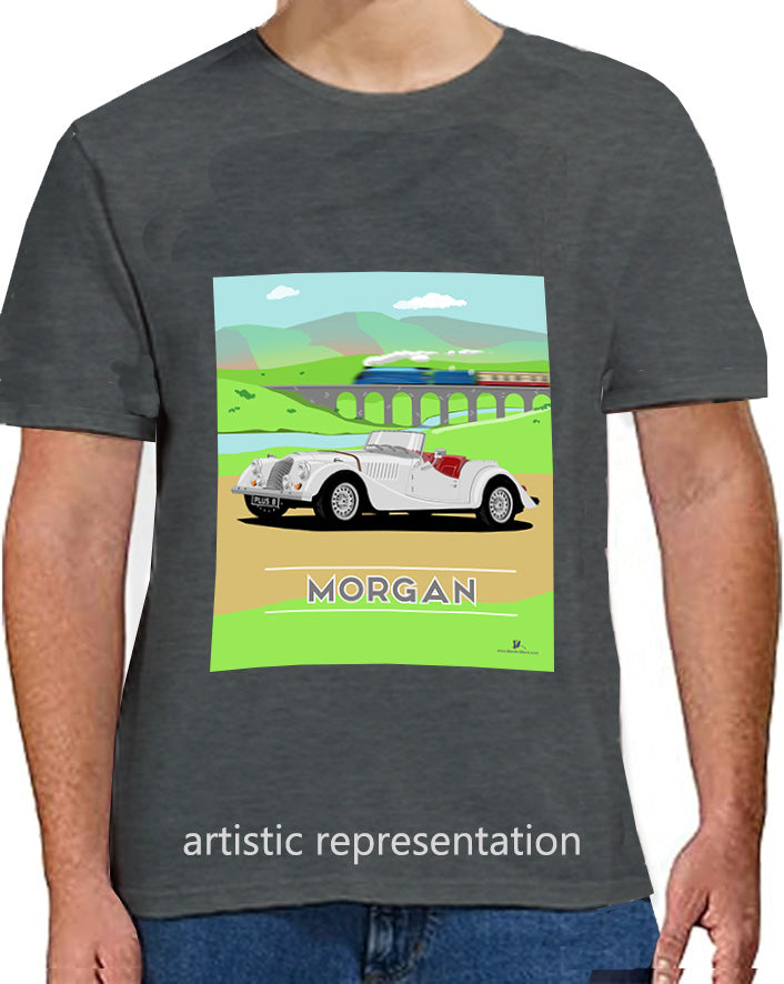 Morgan Plus 8 in Silver with Train Art T Shirt