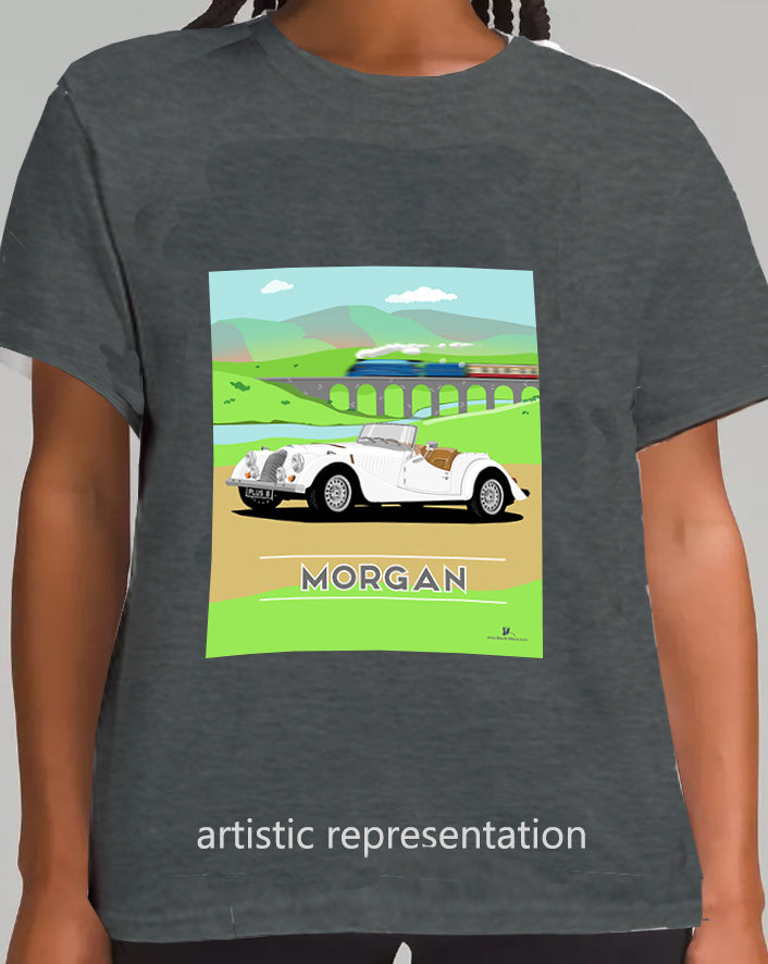 Morgan Plus 8 in White with Train Art T Shirt