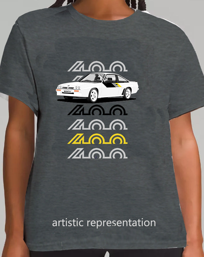 Opel Manta B2 400 in White with Quads Art T Shirt