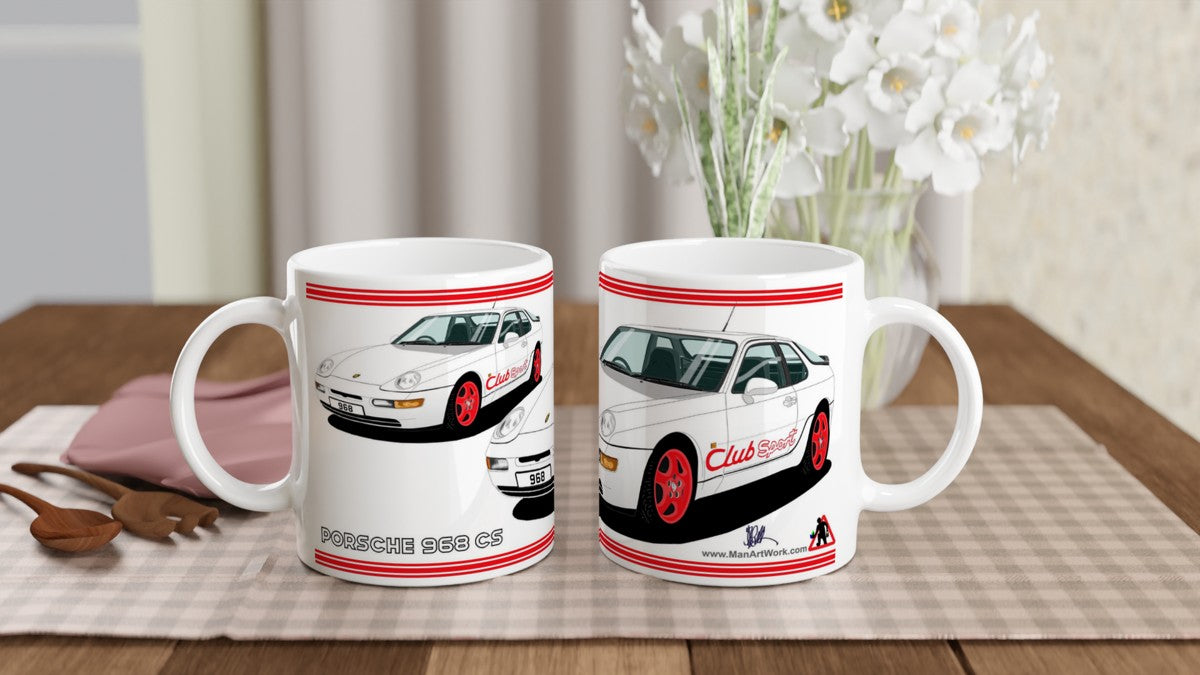 Porsche 968 ClubSport in White with Red Lettering Art Mug