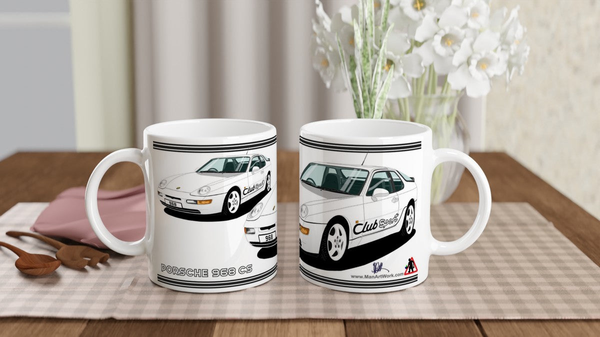 Porsche 968 ClubSport in White with Black Lettering Art Mug