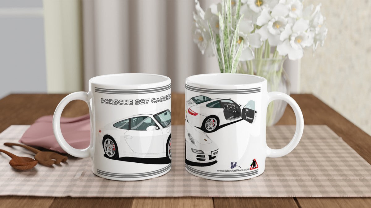 Porsche 997 (911) Carrera in White & Black Art Mug