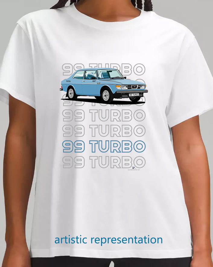 Saab 99 Turbo 2 Door in Blue Art T Shirt (Words)