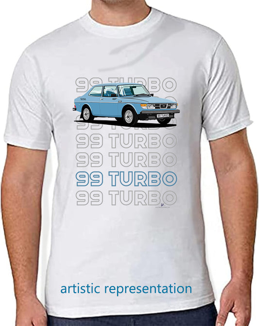 Saab 99 Turbo 2 Door in Blue Art T Shirt (Words)