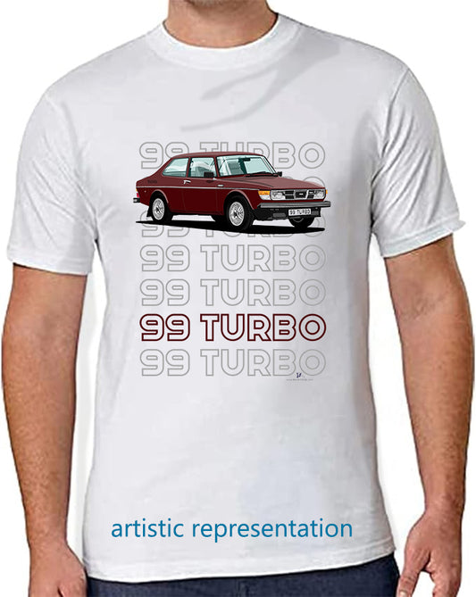 Saab 99 Turbo 2 Door in Burgundy Art T Shirt (Words)
