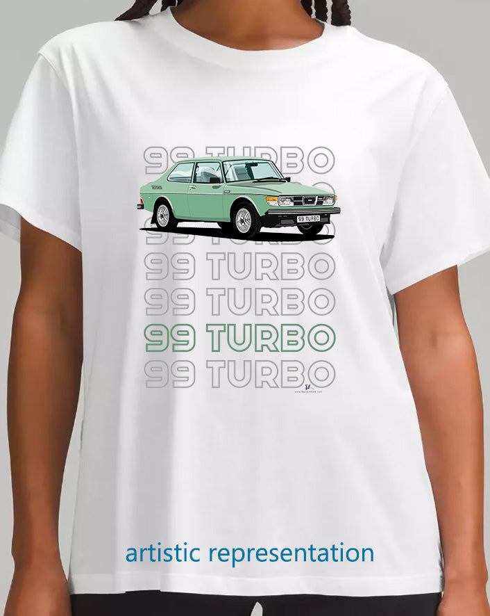 Saab 99 Turbo 2 Door in Green Art T Shirt (Words)