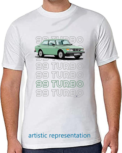 Saab 99 Turbo 2 Door in Green Art T Shirt (Words)