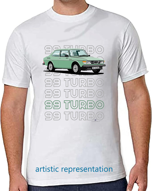Saab 99 Turbo 2 Door in Green Art T Shirt (Words)