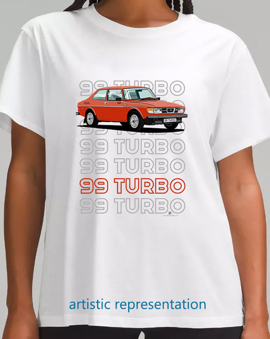 Saab 99 Turbo 2 Door in Red Art T Shirt (Words)