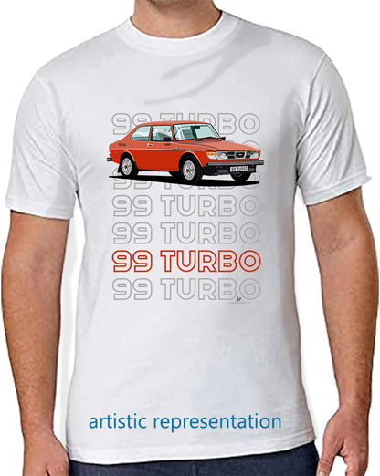 Saab 99 Turbo 2 Door in Red Art T Shirt (Words)