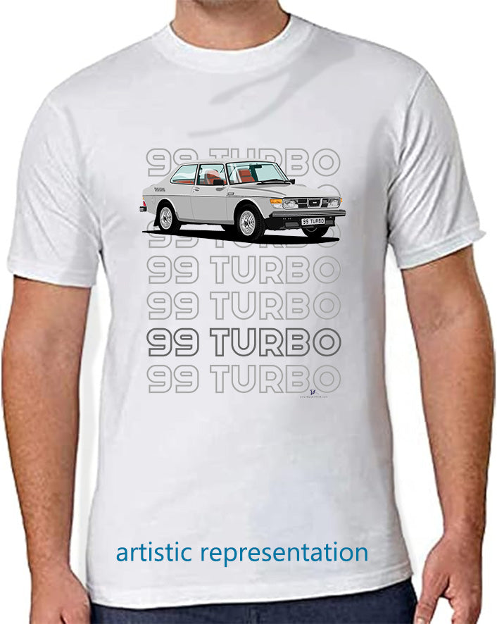 Saab 99 Turbo 2 Door in Silver Art T Shirt (Words)