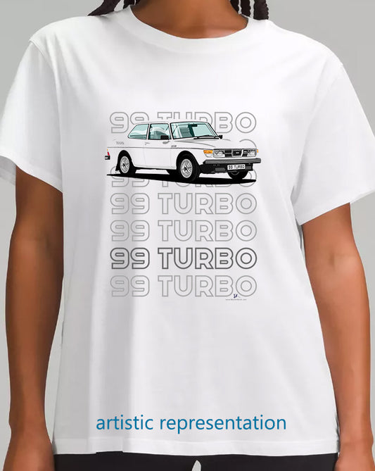 Saab 99 Turbo 2 Door in White Art T Shirt (Words)