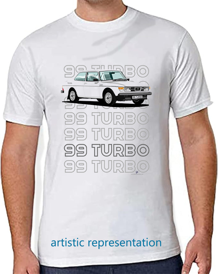 Saab 99 Turbo 2 Door in White Art T Shirt (Words)