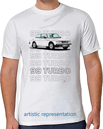 Saab 99 Turbo 2 Door in White Art T Shirt (Words)