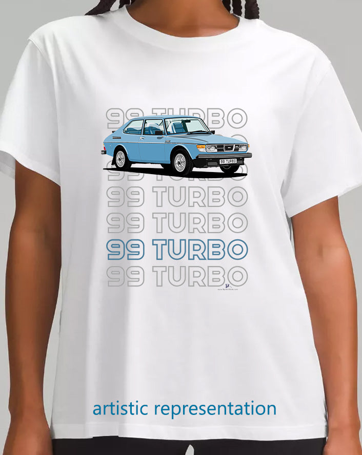 Saab 99 Turbo Combi in Blue Art T Shirt (Words)