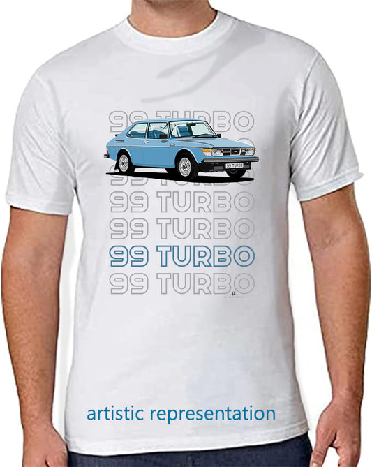 Saab 99 Turbo Combi in Blue Art T Shirt (Words)