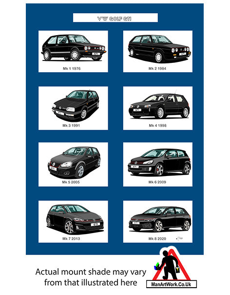 Volkswagen VW Golf GTi Mk1, Mk2, Mk3, Mk4, Mk5, Mk6, Mk7, Mk8 in Black A4 Art Print