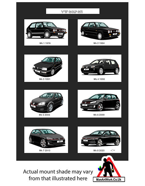 Volkswagen VW Golf GTi Mk1, Mk2, Mk3, Mk4, Mk5, Mk6, Mk7, Mk8 in Black A4 Art Print