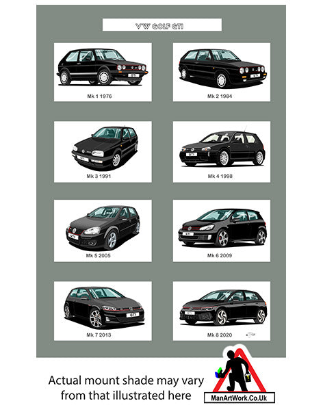 Volkswagen VW Golf GTi Mk1, Mk2, Mk3, Mk4, Mk5, Mk6, Mk7, Mk8 in Black A4 Art Print