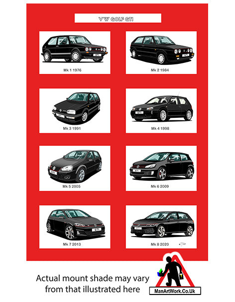 Volkswagen VW Golf GTi Mk1, Mk2, Mk3, Mk4, Mk5, Mk6, Mk7, Mk8 in Black A4 Art Print