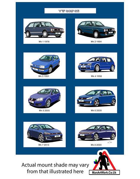 Volkswagen VW Golf GTi Mk1, Mk2, Mk3, Mk4, Mk5, Mk6, Mk7, Mk8 in Blue A4 Art Print