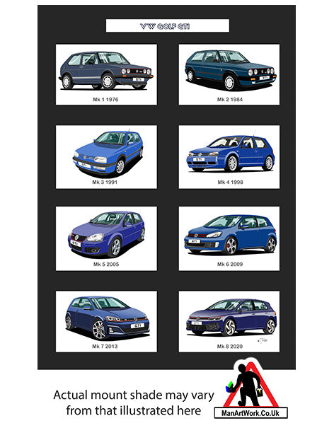 Volkswagen VW Golf GTi Mk1, Mk2, Mk3, Mk4, Mk5, Mk6, Mk7, Mk8 in Blue A4 Art Print