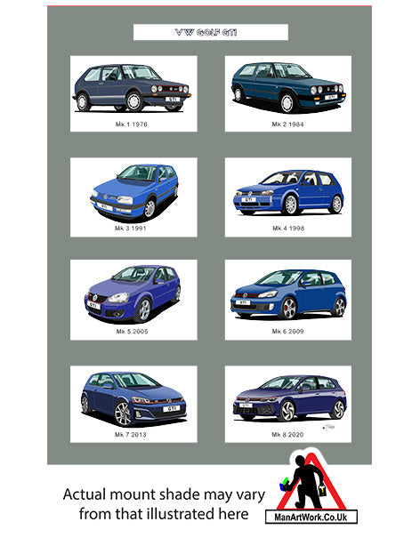 Volkswagen VW Golf GTi Mk1, Mk2, Mk3, Mk4, Mk5, Mk6, Mk7, Mk8 in Blue A4 Art Print